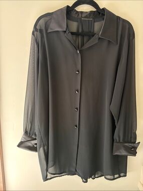 Women's Black Sheer Button-Down Blouse with Satin Collar and Cuffs